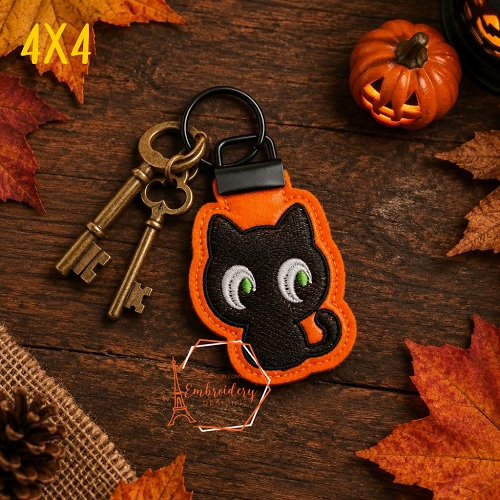 Black Cat Long Key Fob Embroidery Design - 4x4